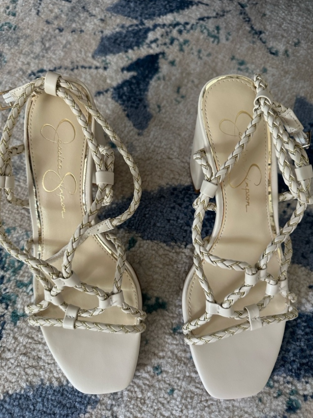 Jessica Simpson Cream Braided Strap Block Heel Sandals with Ankle Wrap